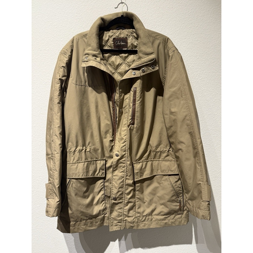 Cole Haan Mens Vtg Leather Trim Rain Thermore Coat Size XL‎ Khaki Weatherproof